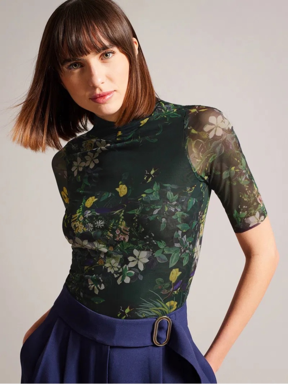 Ted Baker Gorgee High Neck Mesh Top Green Floral Size 0.